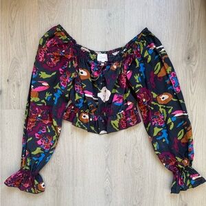 Cleobella Jasmine Blouse Floral Off-Shoulder Peasant Top - Black/Multi Organic